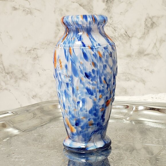 MCM Vintage Multicolor Blue Orange White Spotted Glass Vase Japan 5" - Picture 6 of 9